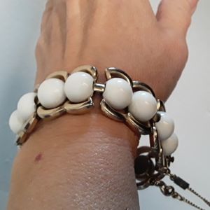 50s Monet Link Bracelet, White Enamel over Gold Tone metal, 7 1/2"